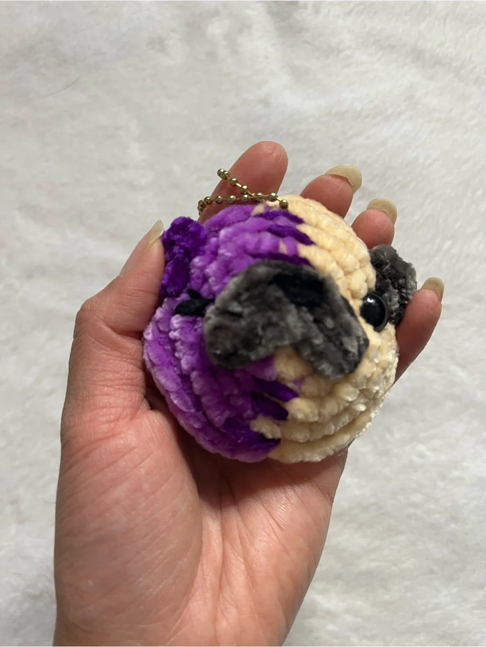 Pug zombie half purple zombie w/ x eyes half fawn Pug Keychain handmade crochet